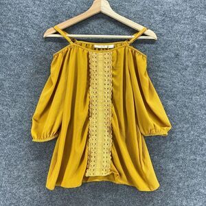 New Glory Blouse Women S Small Yellow Cold Shoulder 3/4 Sleeve Square Neck Solid